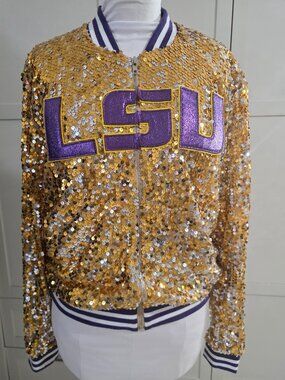 Pre Owned LSU Louisiana State University Gold Sequin Upcycled Anna Kaci Jacket